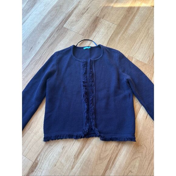 J. McLaughlin Bright Navy Open Front Mayfair Cardigan w Fringe Trim - Picture 1 of 8